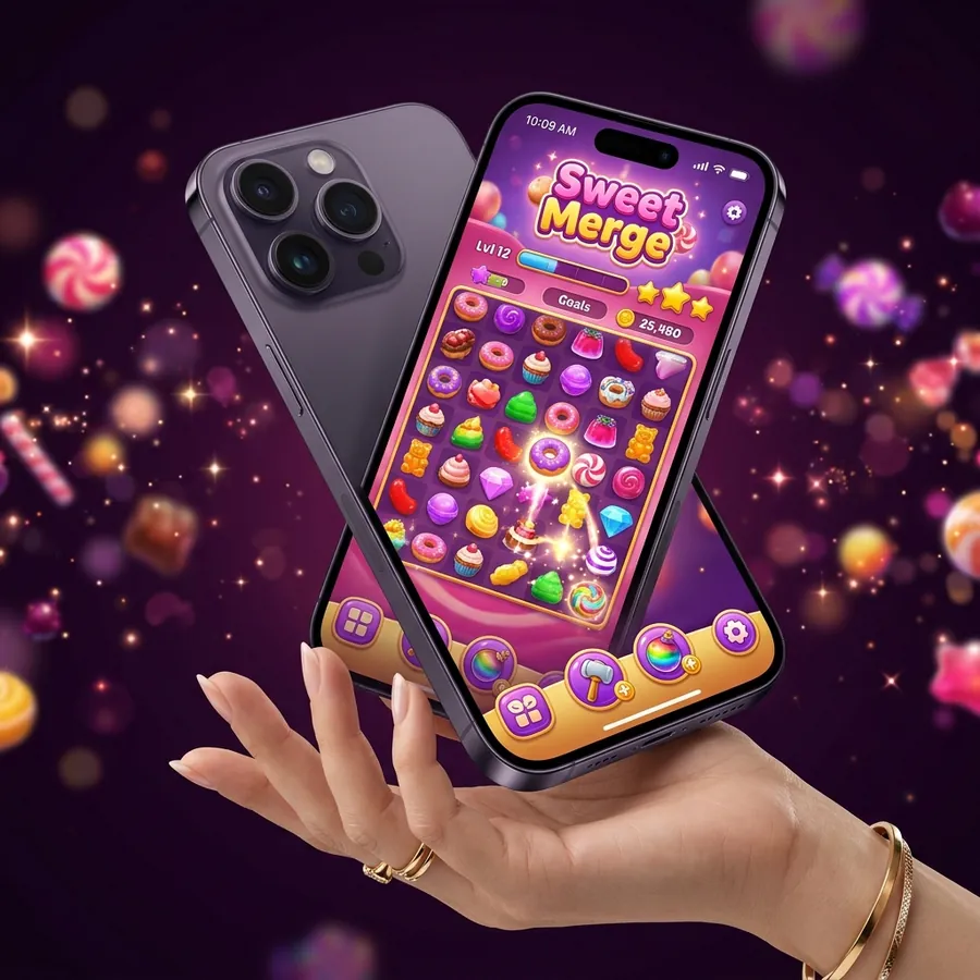 Sweet Merge app running on iPhone showing vibrant candy puzzle game